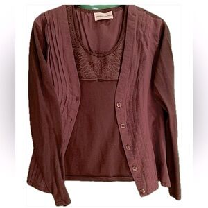 Bonnie & Norma |Vtg 2PC Burgundy Knit Mix Media Cardigan w/Tank |Lace Yoke |Sz-S